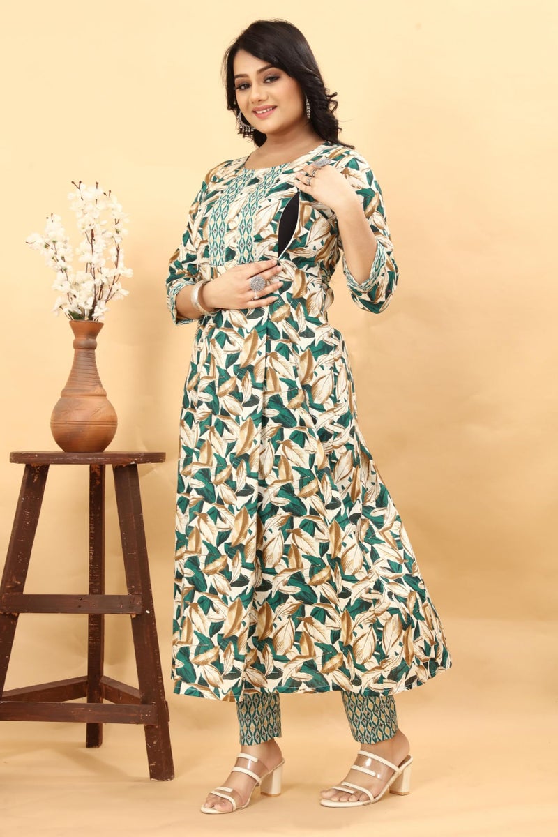 SKY FAB Women Viscose Rayon Anarkali Maternity and Nursing Kurta Set with Dupatta - Green and Beige Floral & Geometric Pattern, 3/4 Sleeves, Comfortable Fit - Image 4