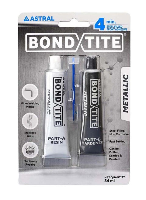 Astral Bondtite Metallic 4-Min Steel Filled Epoxy Adhesive, Metal Filled, Fast Setting, High Strength Two-Component Epoxy Adhesive