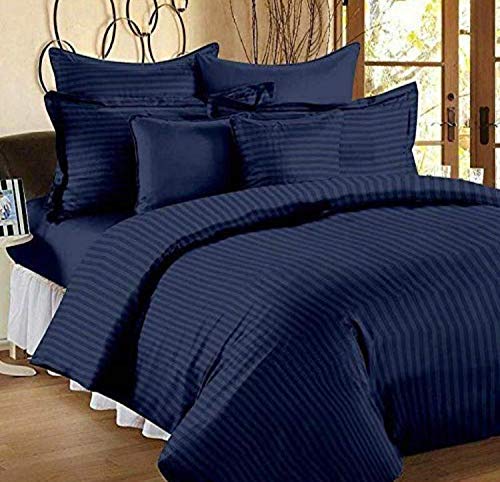 YKC Glace Cotton Satin Striped Plain Color King Size Bedsheet for Double Bed with Two Pillow Covers Navy Blue 90 x 100 Inch - Image 1