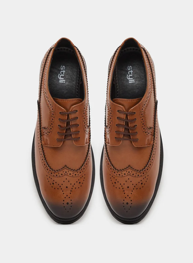 Styli  Brown Chunky Brogue Lace-Up Shoes for Men | Best Price UAE