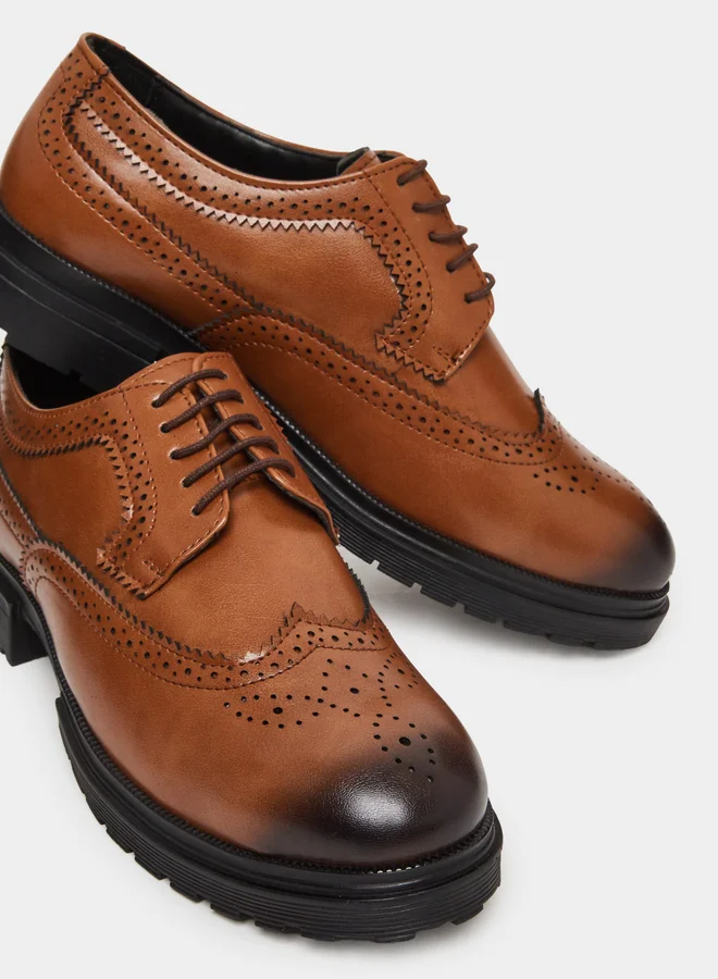 Styli  Brown Chunky Brogue Lace-Up Shoes for Men | Best Price UAE