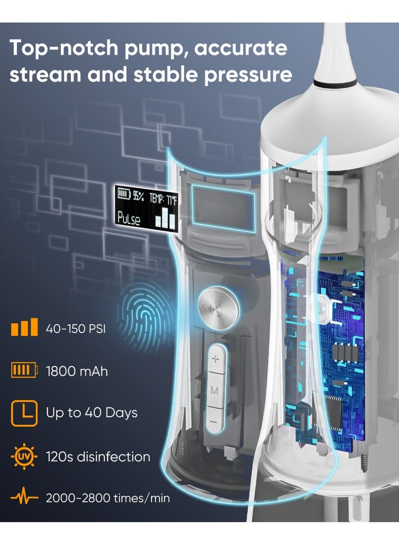 ماي سمايل جهاز تنظيف الأسنان بالماء اللاسلكي MySmile LP221 UVC القابل للتعقيم بسعة 335 مل مع شاشة OLED محمولة، مزود بأربع أوضاع و8 رؤوس نفاثة وحقيبة تخزين للاستخدام المنزلي والسفر (أبيض وردي) - Image 5