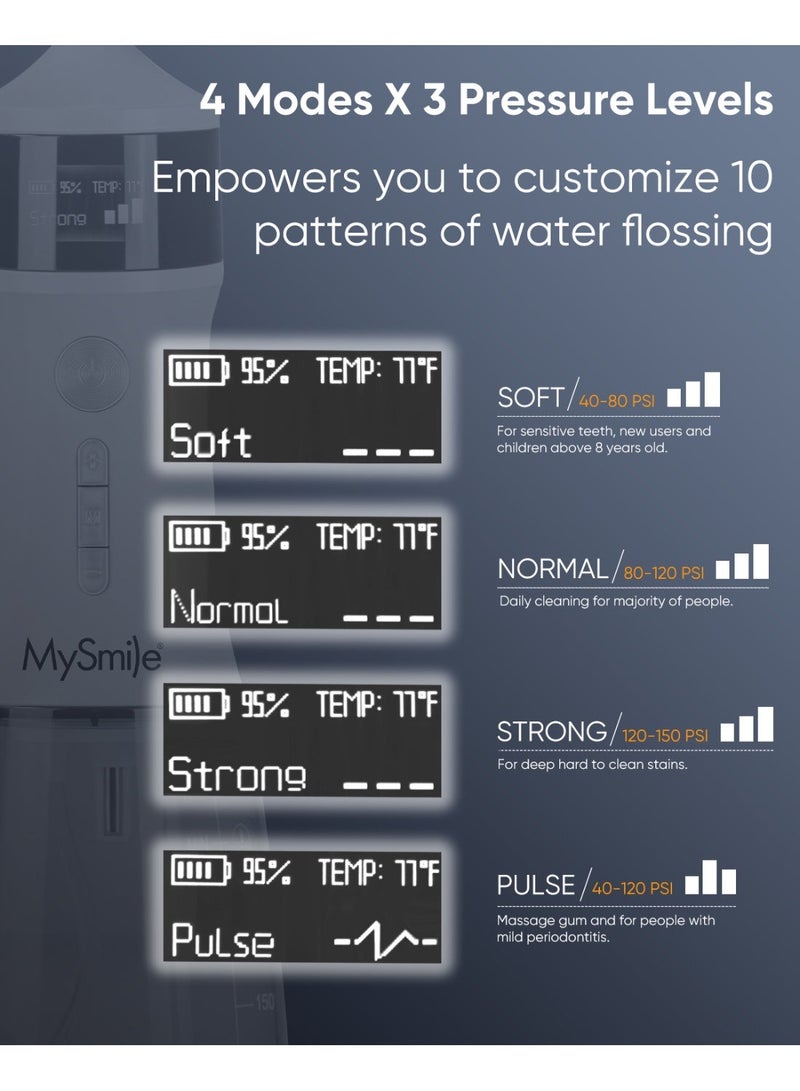 ماي سمايل جهاز تنظيف الأسنان بالماء اللاسلكي MySmile LP221 UVC القابل للتعقيم بسعة 335 مل مع شاشة OLED محمولة، مزود بأربع أوضاع و8 رؤوس نفاثة وحقيبة تخزين للاستخدام المنزلي والسفر (أبيض وردي) - Image 4