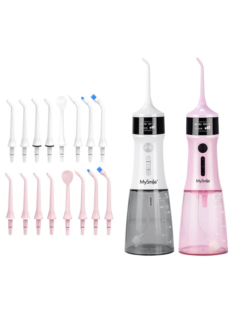 ماي سمايل جهاز تنظيف الأسنان بالماء اللاسلكي MySmile LP221 UVC القابل للتعقيم بسعة 335 مل مع شاشة OLED محمولة، مزود بأربع أوضاع و8 رؤوس نفاثة وحقيبة تخزين للاستخدام المنزلي والسفر (أبيض وردي) - Image 1