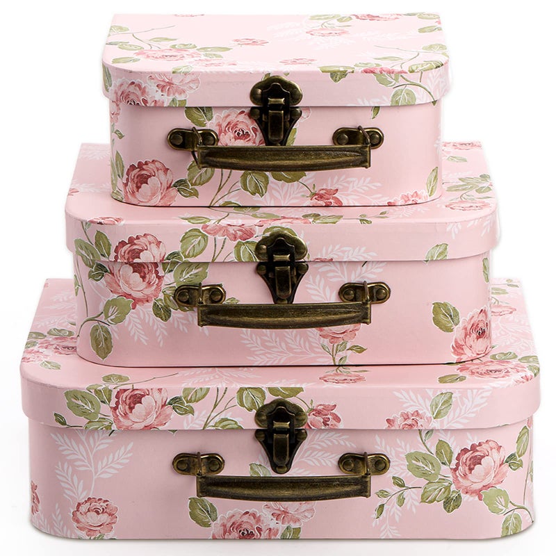 Fasmov 3 Pack Paperboard Suitcases Storage Box Decorative Storage Boxes Gift Boxes With Lids for Photo Storage Home Decoration Wedding Birthday Anniversary Pink