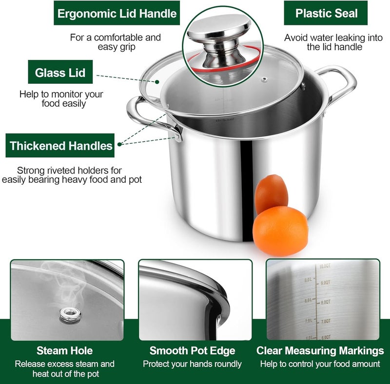 P&P CHEF 10 Quart Tri-Ply Stainless Steel Stockpot, Stock Pot with Visible Lid for Soup Pasta Vegetable, Induction Cooking Pot for All Stoves, Sturdy & Double Handle, Dishwasher Safe - Image 3