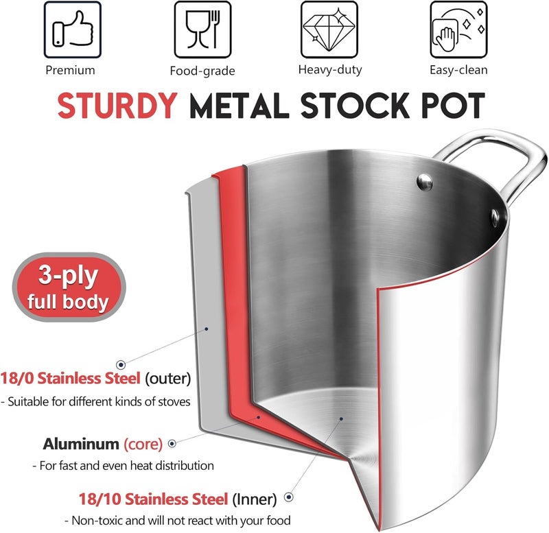 P&P CHEF 10 Quart Tri-Ply Stainless Steel Stockpot, Stock Pot with Visible Lid for Soup Pasta Vegetable, Induction Cooking Pot for All Stoves, Sturdy & Double Handle, Dishwasher Safe - Image 4