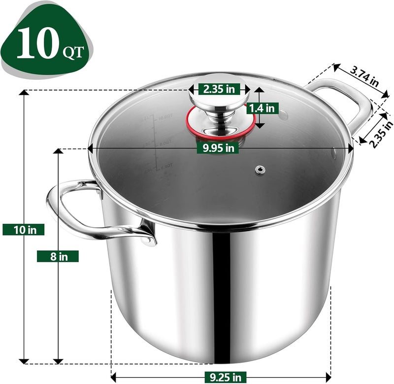P&P CHEF 10 Quart Tri-Ply Stainless Steel Stockpot, Stock Pot with Visible Lid for Soup Pasta Vegetable, Induction Cooking Pot for All Stoves, Sturdy & Double Handle, Dishwasher Safe - Image 2