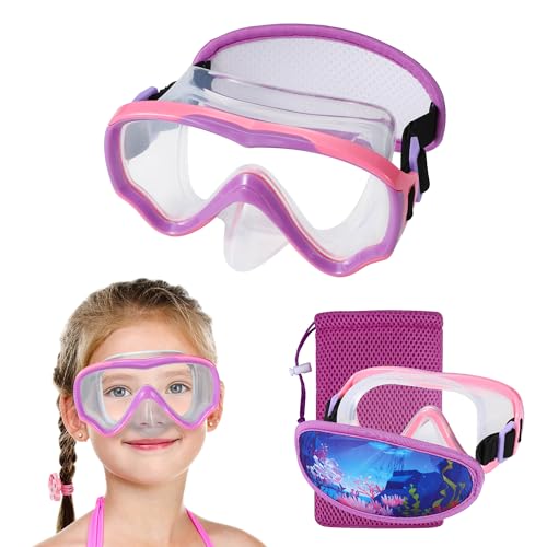 RUIGAO Kids Swim Goggles, Diving Mask Neoprene Padded No Hair Pull Strap，Pink Goggles with Nose Cover for Girls - Image 1