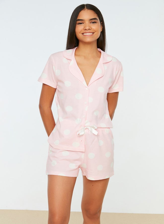 trendyol Pink 100% Cotton Polka Dot Shirt-Short Knitted Pajamas Set THMSS20PT0077 - Image 2