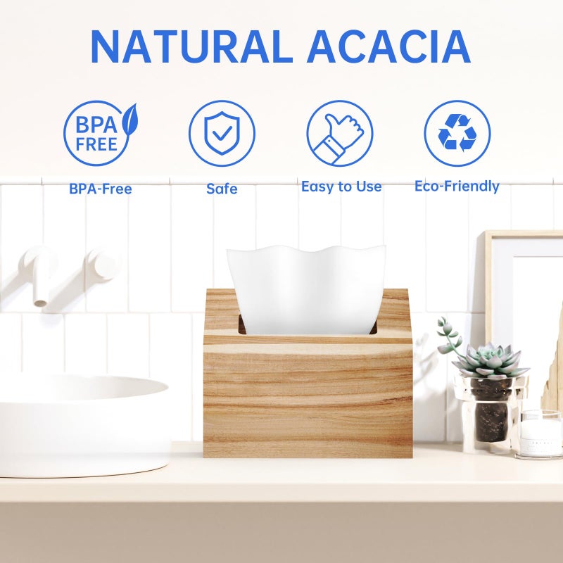 NiHome Acacia Wood Tissue Box Cover for Kleenex Tissues, Easy Refill Bottom Pull Design, Dual-Function Upright or Inverted Tissue Holder with Anti-Slip & Secure Storage for Bathroom, Kitchen, Bedroom - Image 5