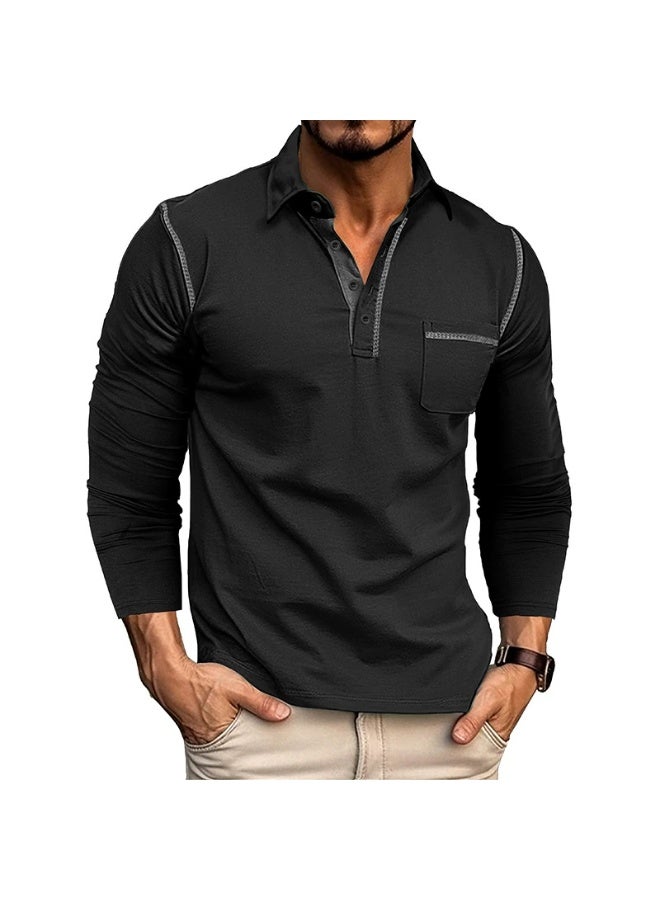 general Men's Casual Polo Shirts Classic Long Sleeve Basic Button T-Shirt Lightweight Cotton Golf Tops with Pocket - Image 1