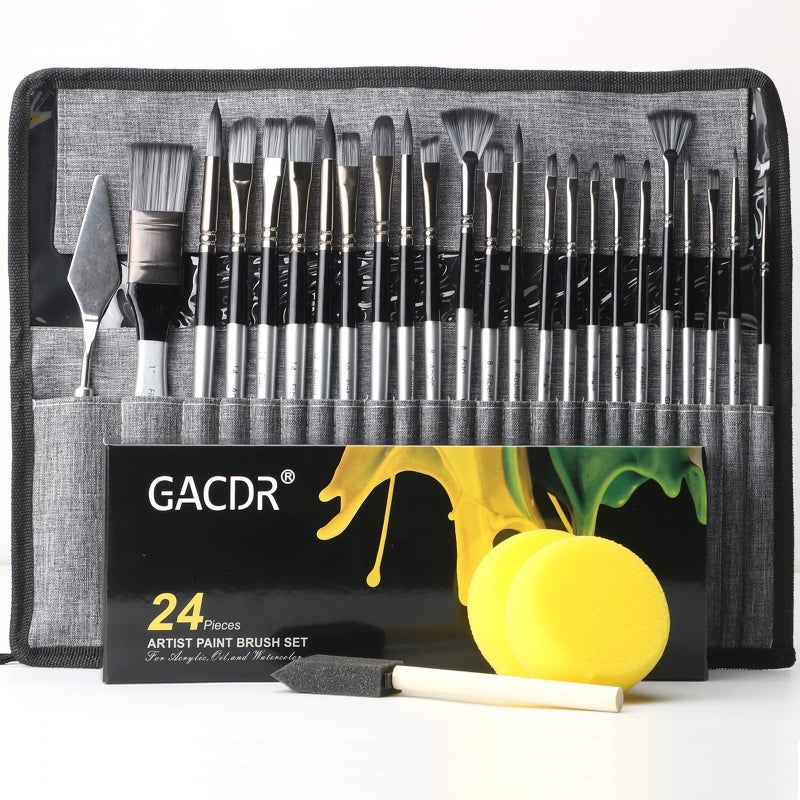 GACDR Acrylic Paint Brush Set 24 Pieces Paint Brushes for Acrylic Painting with Cloth Roll Case and 2 Sponges Pinceles para Acrilico for Oil Watercolor Gouache