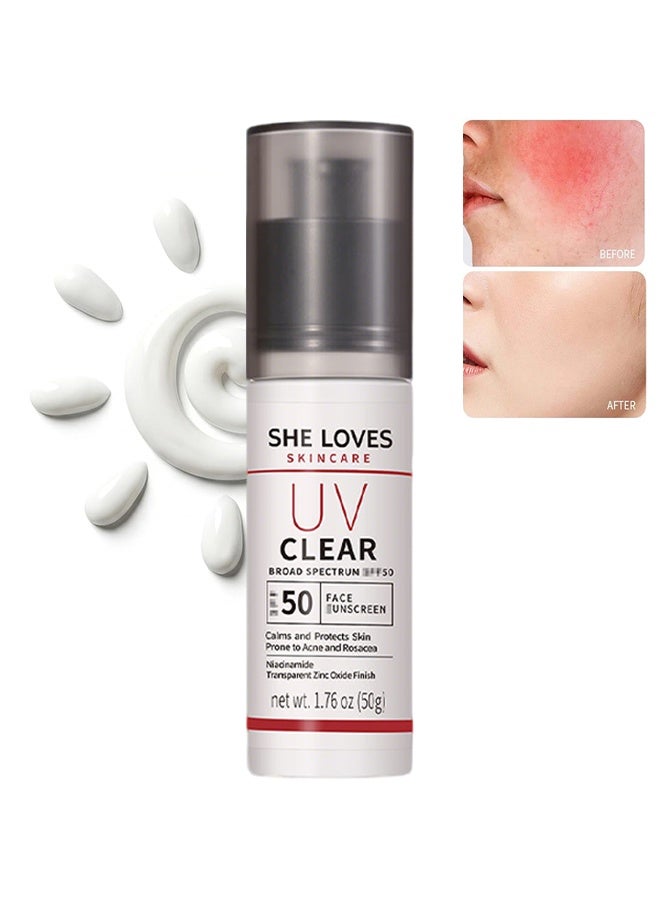 She Loves UV Clear SPF50 Face Sunscreen, Broad Spectrum Acne-Prone Skin Sunscreen with Niacinamide & Zinc Oxide, Calming & Non-Comedogenic UV Protection 50g - Image 1