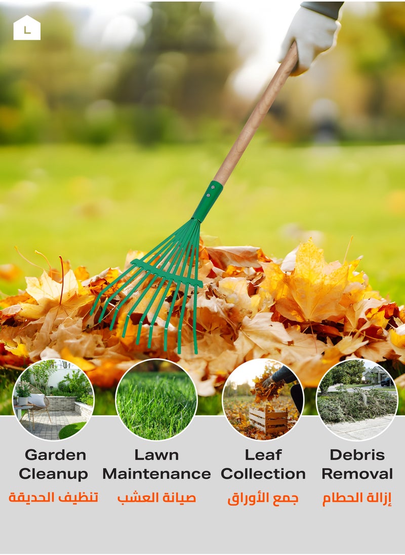 LAWAZIM Plastic Rake with Wooden Handle -9 Teeth Green- Lightweight Design with Durable Tines and Comfortable Grip - Garden Cleanup, Lawn Maintenance, Leaf Collection, Debris Removal, Outdoor Cleanup  - Image 4
