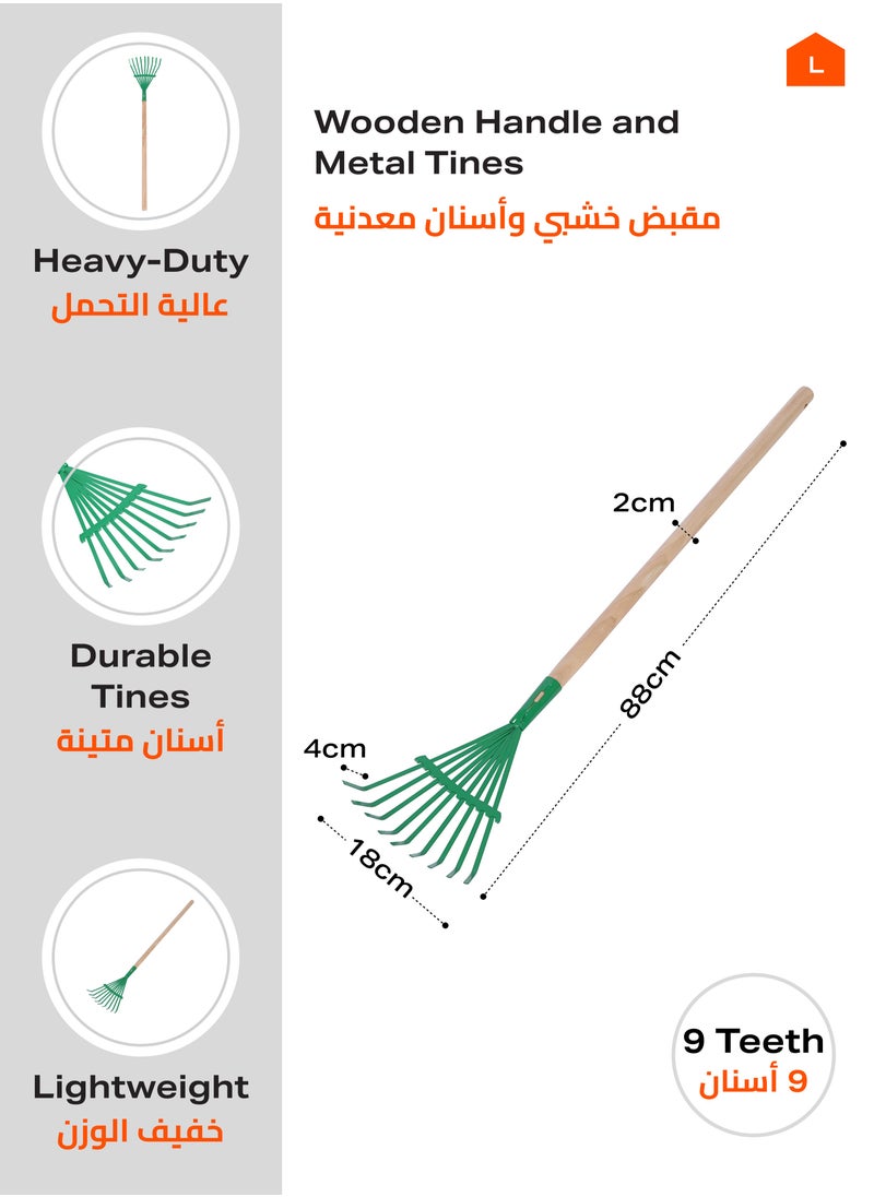 LAWAZIM Plastic Rake with Wooden Handle -9 Teeth Green- Lightweight Design with Durable Tines and Comfortable Grip - Garden Cleanup, Lawn Maintenance, Leaf Collection, Debris Removal, Outdoor Cleanup  - Image 2