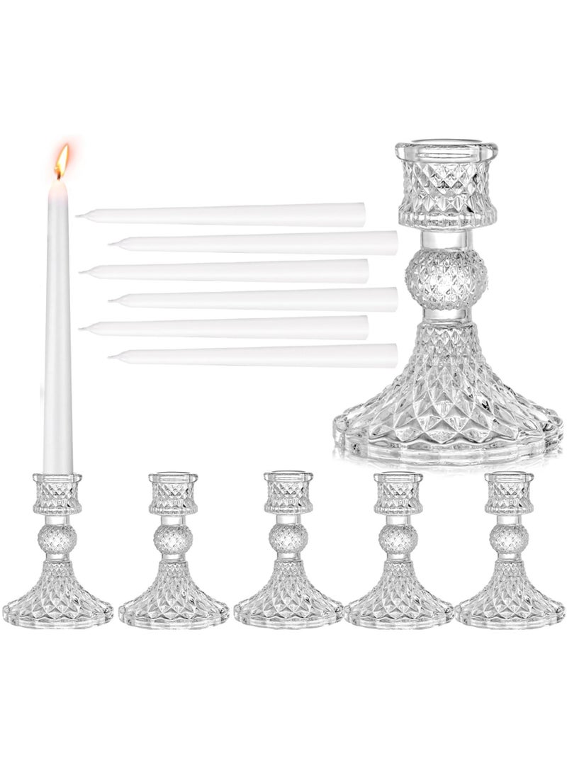 Home zone Set of 12 Diamond Candlestick Holders with Tall White Taper Candles for Wedding Anniversary Dining Room Table (Clear)  - Image 1