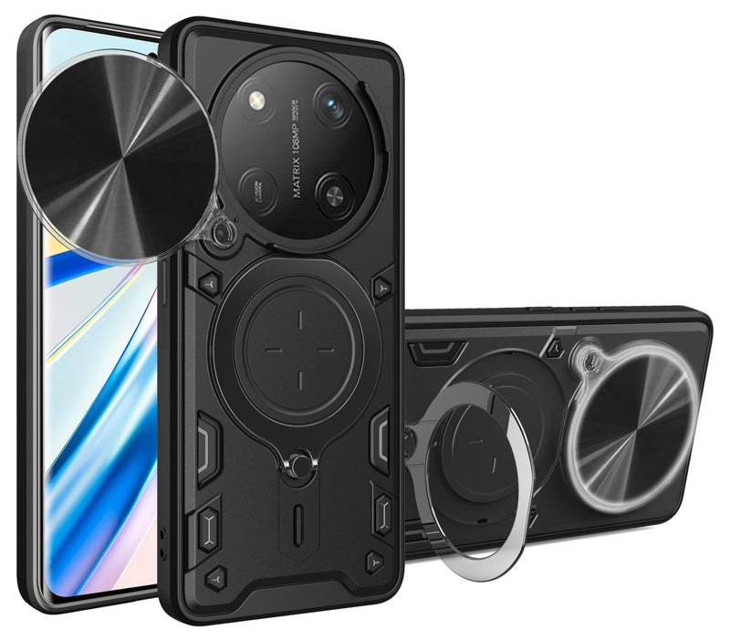 Case Cover Shockproof CD Protective Case with Camera Protection and Metal Ring Compatible with Honor X9C (Black) - Image 1