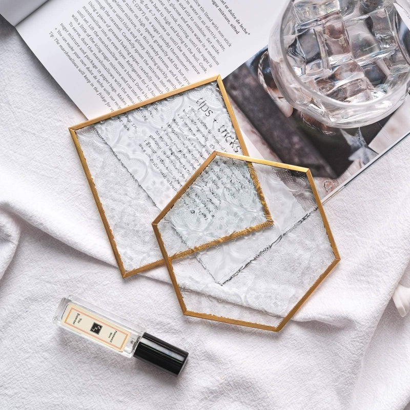 Yolmina Glass Gold Coasters for Drinks, 6 Pcs Cup Coaster Set with Carved Glass Stylish for Coffee Tea Wine Coasters for Bar with Brass Edge Hexagon and Square Coasters Home Decor - Image 3