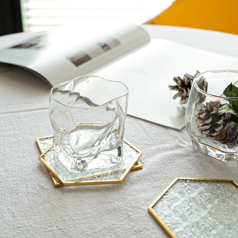 Yolmina Glass Gold Coasters for Drinks, 6 Pcs Cup Coaster Set with Carved Glass Stylish for Coffee Tea Wine Coasters for Bar with Brass Edge Hexagon and Square Coasters Home Decor - Image 2