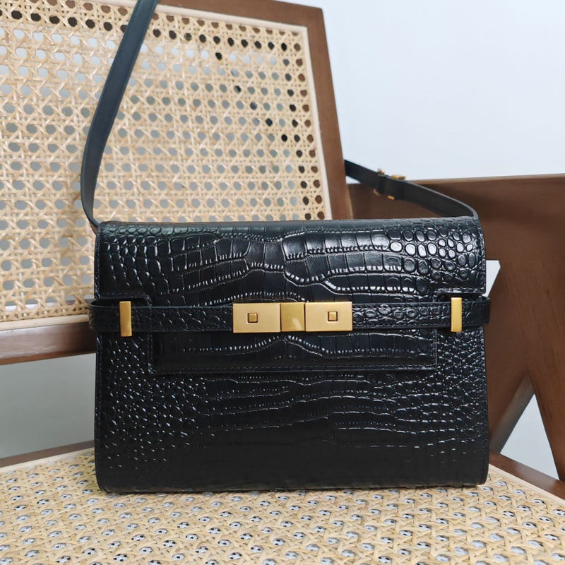 Niche Genuine Leather Women'S Bag Yangshulin Bag Kelly Bag Crocodile Pattern Large Capacity Crossbody Armpit Bag Work Clothing Large Bag - Image 3