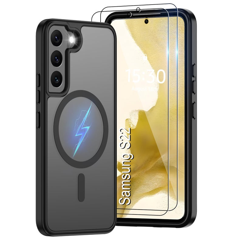 Pilaru for Samsung Galaxy S22 Case [Compatible with Magsafe] Translucent Matte Magnetic Phone Case,Slim Thin Duty Shockproof Protection Cover with 2pc HD Screen Protector-Black - Image 1