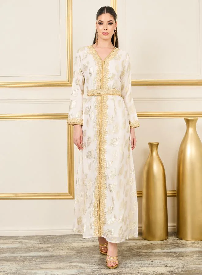 مكسيم كريشن Embroidered Lace Lurex Texture Sheer Jalabiya by Styli