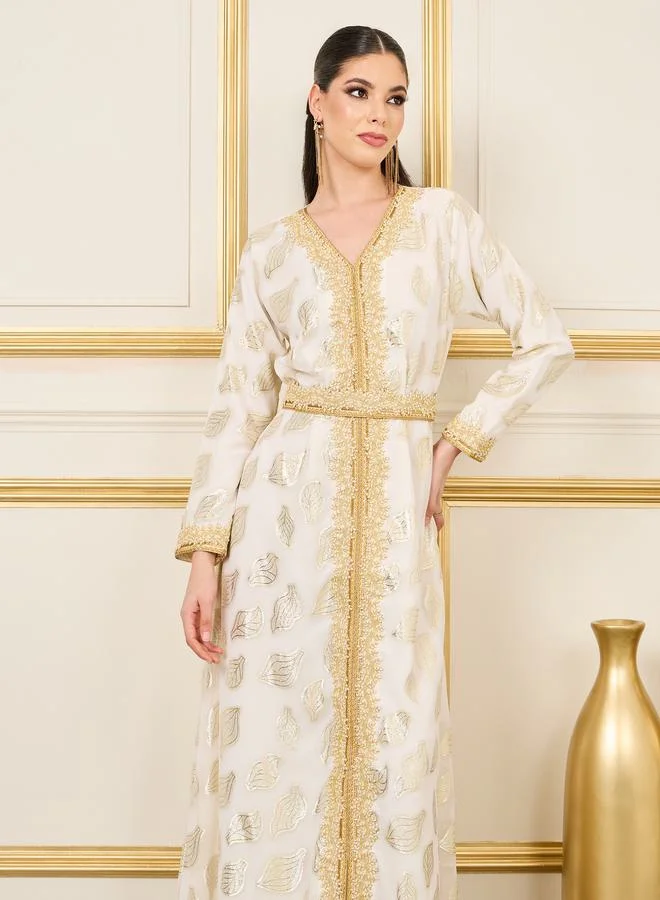 مكسيم كريشن Embroidered Lace Lurex Texture Sheer Jalabiya by Styli