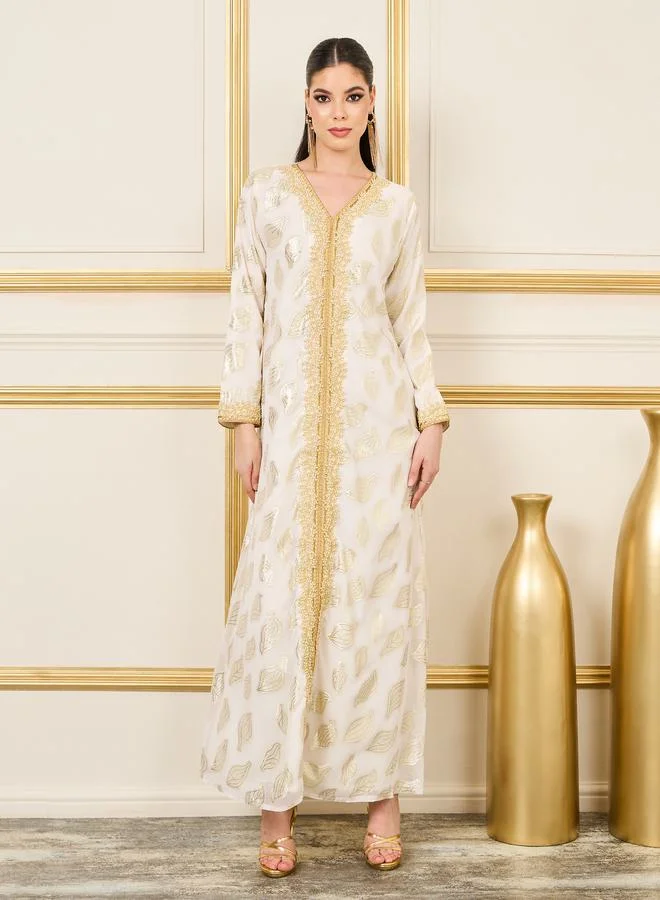 مكسيم كريشن Embroidered Lace Lurex Texture Sheer Jalabiya by Styli