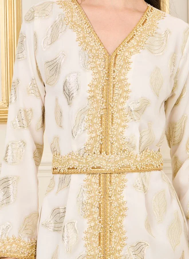 مكسيم كريشن Embroidered Lace Lurex Texture Sheer Jalabiya by Styli