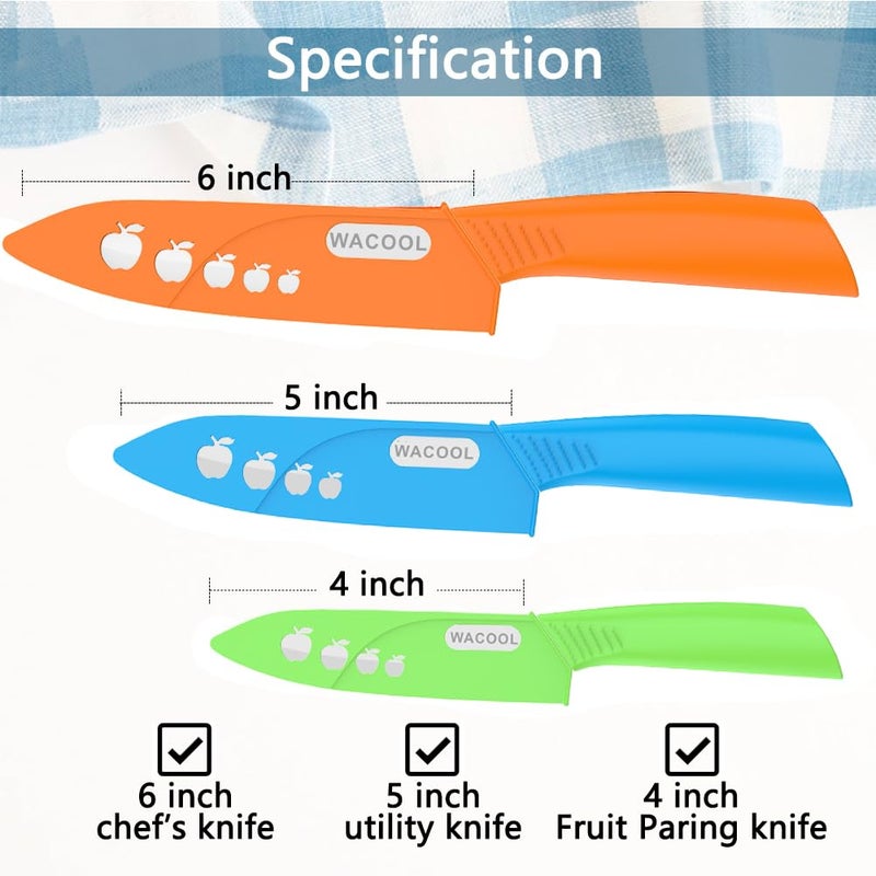 WACOOL Ceramic Knife Set 3-Piece (6-inch Chef's Knife, 5-inch Utility Knife,4-inch Fruit Paring Knife), with 3 Knife Sheaths for Each Blade (Colorful Handle) - Image 2