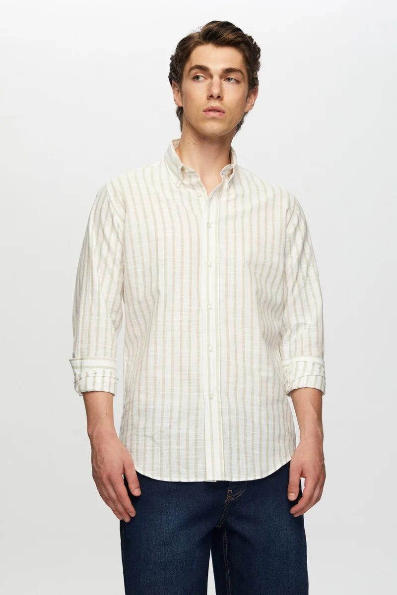 D'S DAMAT Slim Fit Beige Striped Button-Down Collar 100% Cotton Flamed Summer Linen Look Shirt 0HC02ORT06265