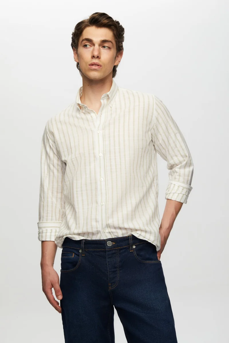 D'S DAMAT Slim Fit Beige Striped Button-Down Collar 100% Cotton Flamed Summer Linen Look Shirt 0HC02ORT06265