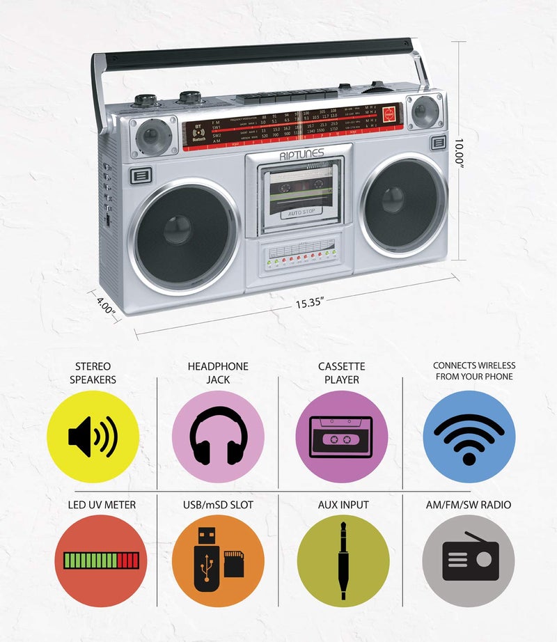 Riptunes Boombox Radio Cassette Player Recorder, AM/FM -SW1/SW2 Radio, Wireless Streaming, USB/Micro SD Slots, Aux in, Headphone Jack, Convert Cassettes to USB/SD, Classic 80s Style Retro, Black - Image 2