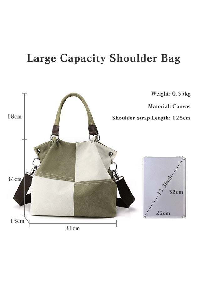 Women Canvas Shoulder Tote Handbag - Casual Top Handle Multi-Pocket Crossbody Satchel Messenger -green  - Image 2