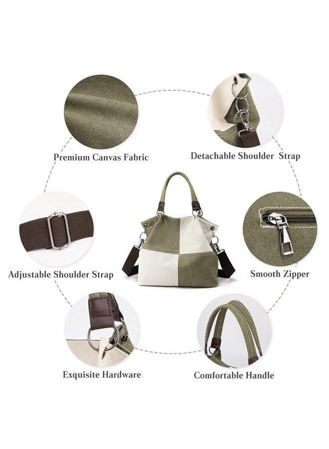 Women Canvas Shoulder Tote Handbag - Casual Top Handle Multi-Pocket Crossbody Satchel Messenger -green  - Image 3