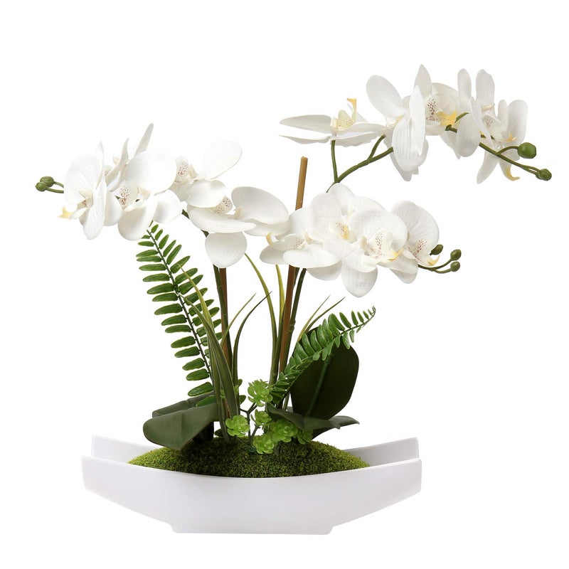 Briful Orchids Artificial Flowers 15" Large Fake Orchid White Phalaenopsis Orchid Flower Arrangements with Vase Faux Orchid for Home Living Room Table Centerpiece Office Table Decor - Image 1