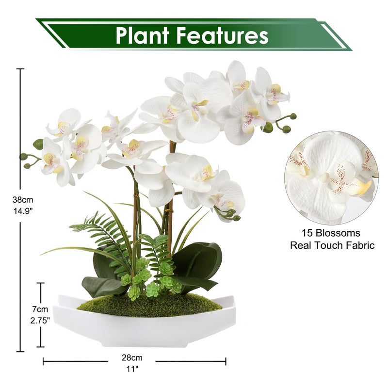Briful Orchids Artificial Flowers 15" Large Fake Orchid White Phalaenopsis Orchid Flower Arrangements with Vase Faux Orchid for Home Living Room Table Centerpiece Office Table Decor - Image 2
