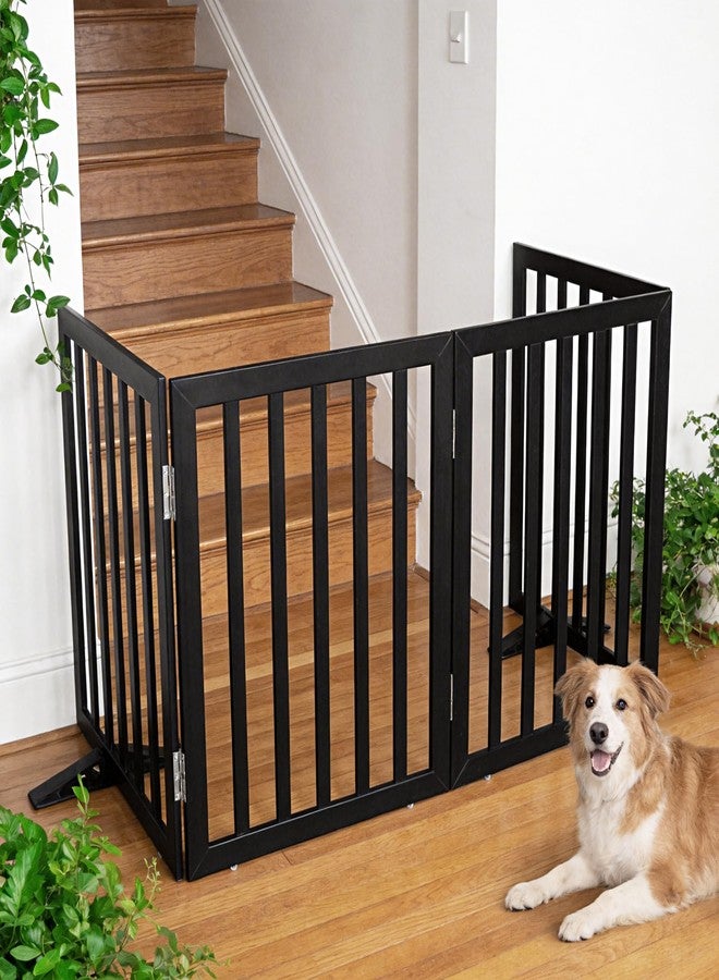 ZJSF Freestanding Indoor Dog Gate for House Foldable Wood Puppy Gate for Doorways Pet Gate for Stairs Extra Wide Pet Fence, Black, 32" Height 2 Panels - Image 3