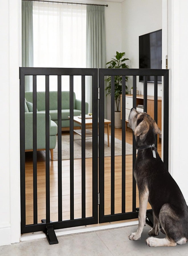 ZJSF Freestanding Indoor Dog Gate for House Foldable Wood Puppy Gate for Doorways Pet Gate for Stairs Extra Wide Pet Fence, Black, 32" Height 2 Panels - Image 1