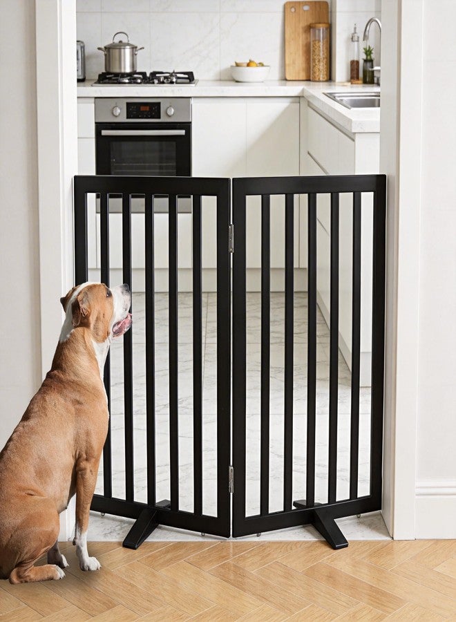 ZJSF Freestanding Indoor Dog Gate for House Foldable Wood Puppy Gate for Doorways Pet Gate for Stairs Extra Wide Pet Fence, Black, 32" Height 2 Panels - Image 2