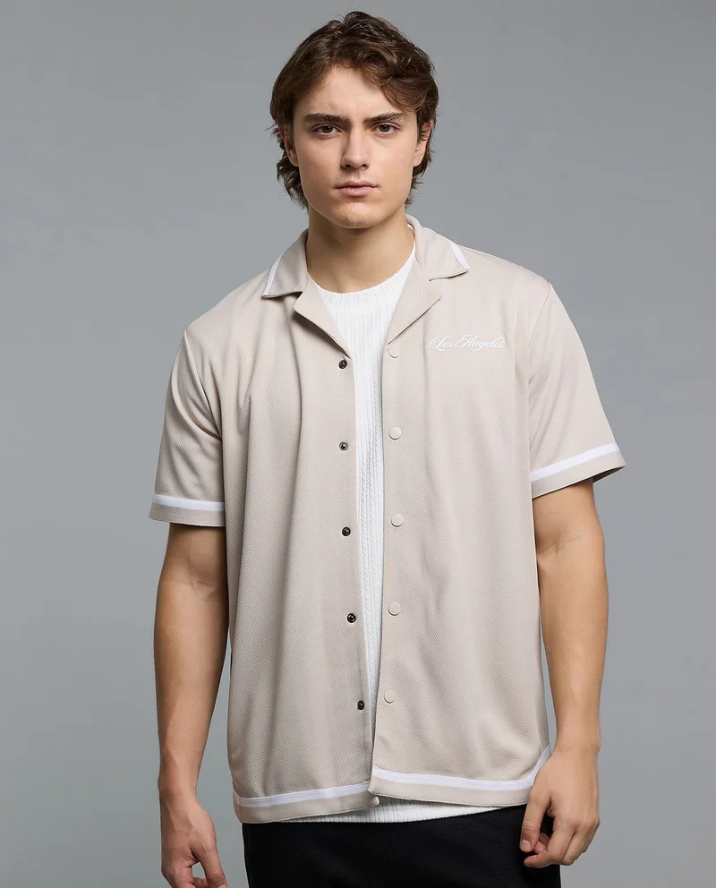 R&B Printed Shirt with Revere Collar and Short Sleeves