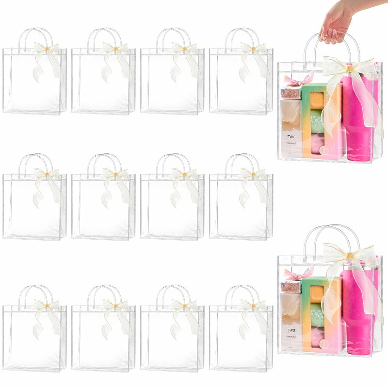 Ohuimrt 20 PCS Clear Plastic Gift Bags with Handles, Reusable Party Favor Bags with Ribbon Transparent Gift Wrap Bags Bulk for Weddings Birthdays, 11 x 11 x 3.94 Inches - Image 1