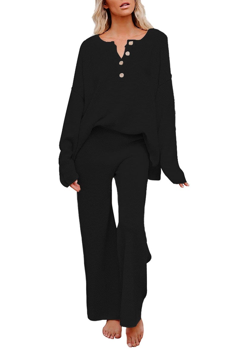 Pink Queen Womens 2 Piece Outfit Knit Sweatsuit Oversized Loose Pullover Sweater Top and Wide Leg Pants Set Black S