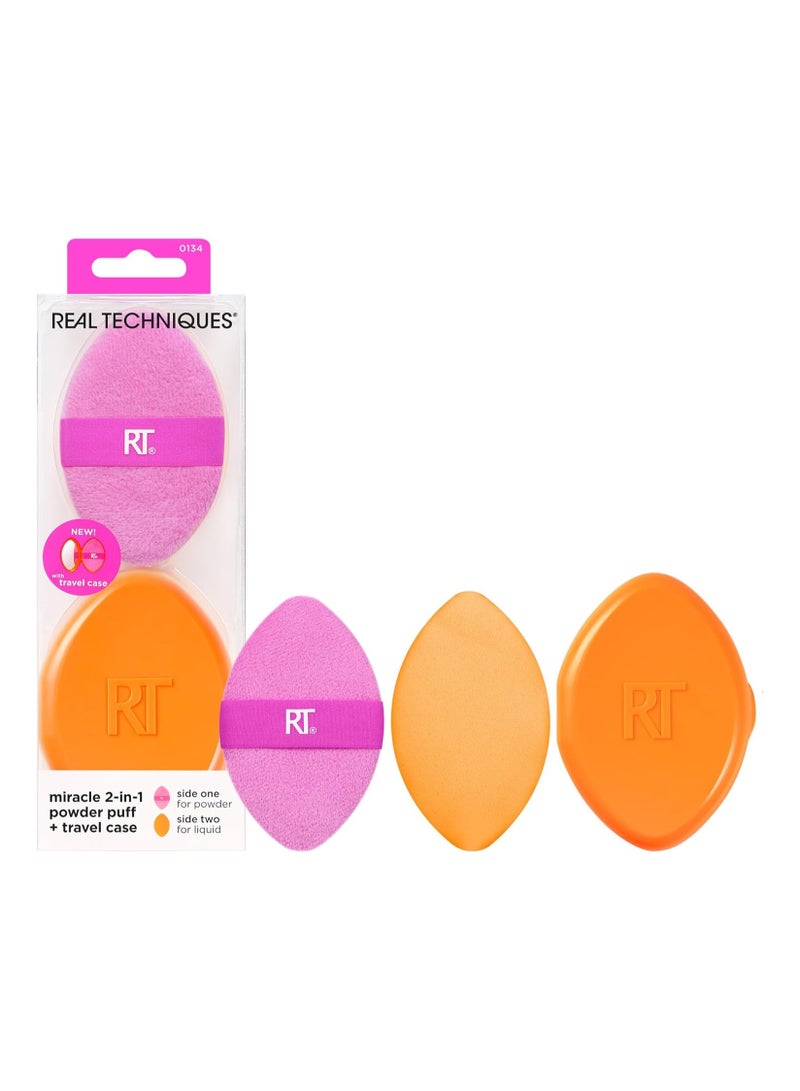 Real Techniques Miracle 2-In-1 Powder Puff with Travel Case, Dual-Sided Makeup Blending Puff, Elastic Band, Precision Makeup Sponge and Powder Puff, For Liquid, Cream and Powders 2 Count - Image 1