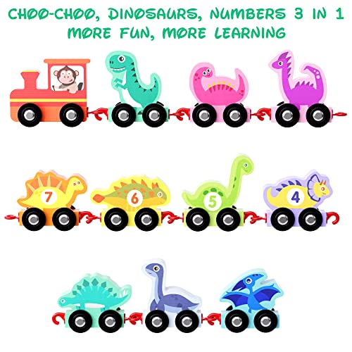 HELLOWOOD Dinosaur Toys for Toddlers Age 2-4, Wooden Dinosaur Train Set with Playmat/Storage Bag, Montessori Educational Toys for 2+ Years Old Boys & Girls - Image 5