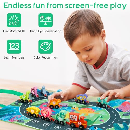 HELLOWOOD Dinosaur Toys for Toddlers Age 2-4, Wooden Dinosaur Train Set with Playmat/Storage Bag, Montessori Educational Toys for 2+ Years Old Boys & Girls - Image 4