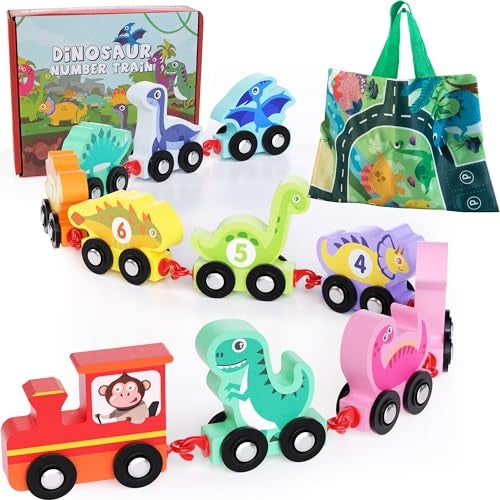 HELLOWOOD Dinosaur Toys for Toddlers Age 2-4, Wooden Dinosaur Train Set with Playmat/Storage Bag, Montessori Educational Toys for 2+ Years Old Boys & Girls - Image 2