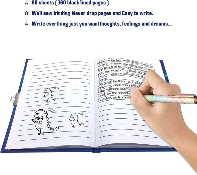 GINMLYDA Boys Diary with Lock for Kids, 7x5.25 Inches 160 Lined Pages Secret Blue Dinosaur Notebook for Kids Journal with Lock for Boys Pre School Writing Drawing Cute Kids Gifts for Birthday - Image 2