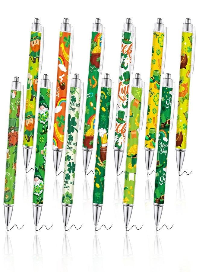 MALOKI 12 Pcs Pretty Fancy Cute Funny Pens for Women St Patricks Day Decorations Accessories Gifts Shamrock Decor Retractable Green Floral Aesthetic Pens for Irish Party Supplies Favors - Image 1